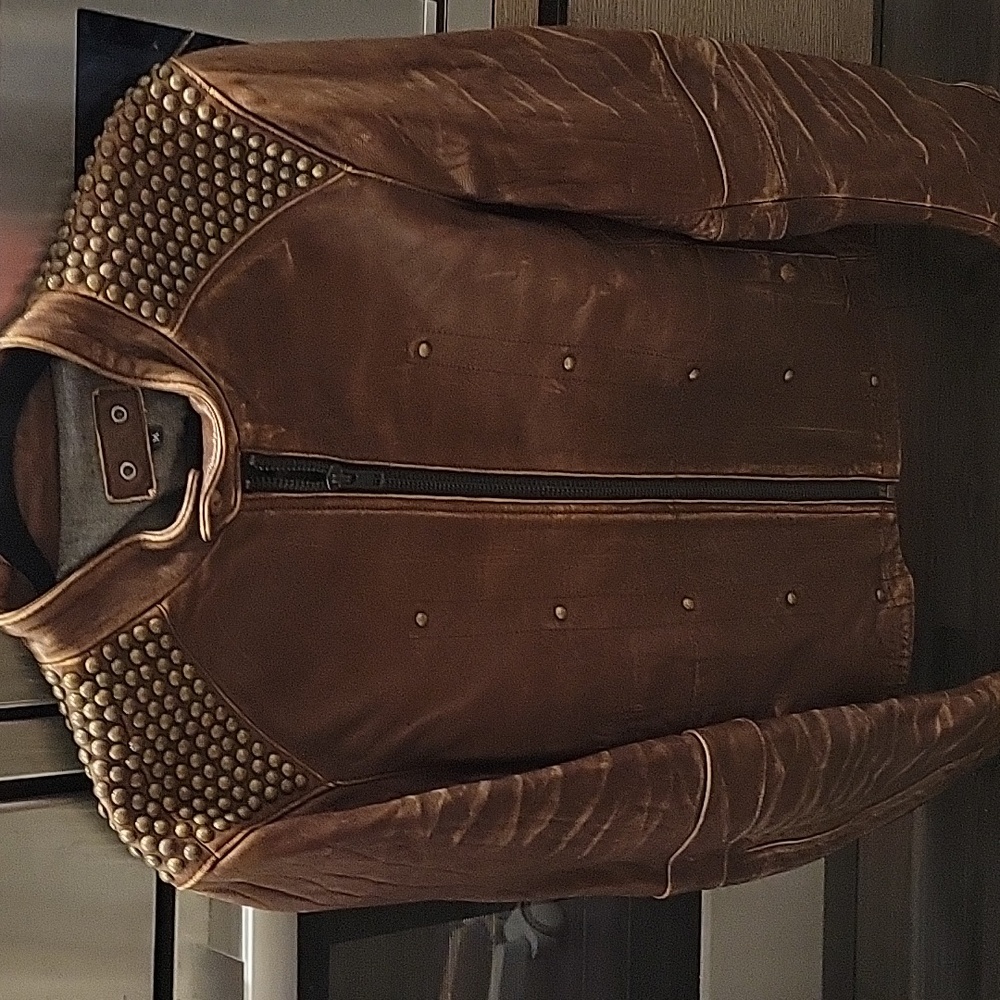 Mens Robin Jeans Studded Brown Leather Jacket